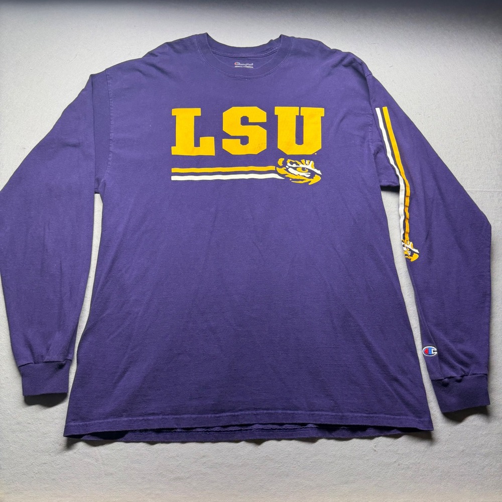 Champion LSU Tigers Long Sleeve T-Shirt Mens 2XL Purple Yellow Graphic Tee